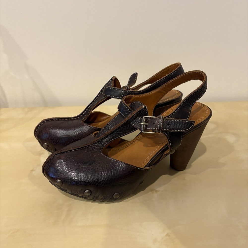Frye Womens Reese T Strap Studded Platform Heels 7 Brown Leather Boho Y2K